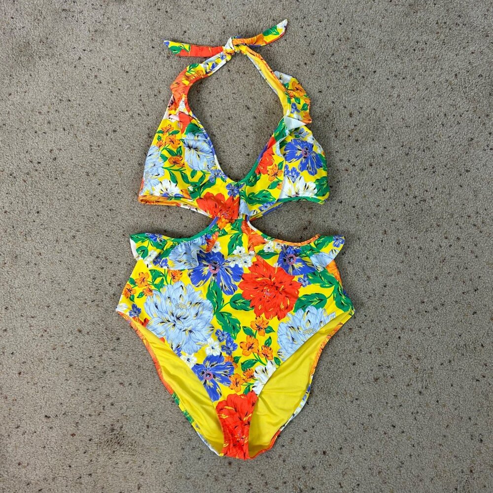aerie Yellow Floral Cutout One-Piece Swimsuit